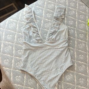 H&M White and Navy Stripe Ruffle One-Piece Swimsuit